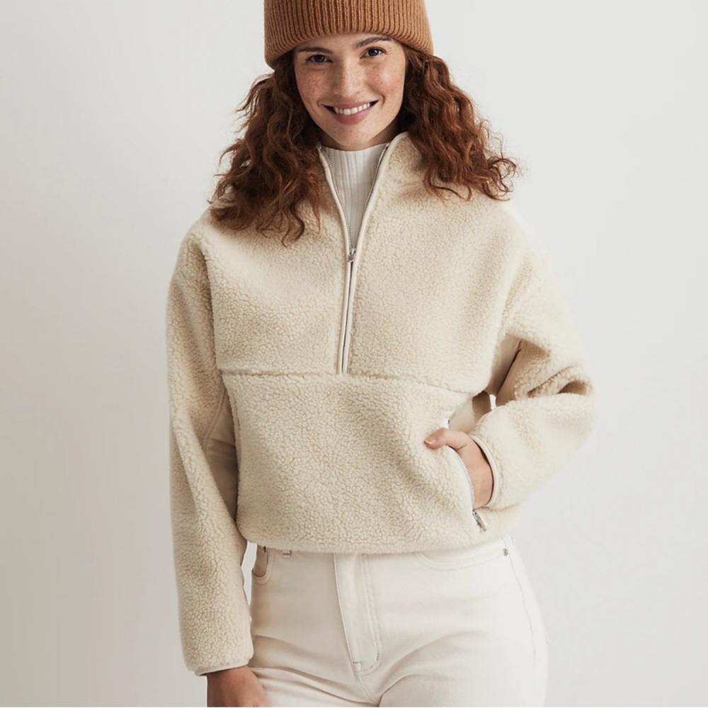 {Madewell}-Size L-Faux Shearling Half-Zip Pullover in Dried Cedar - Picture 6 of 7